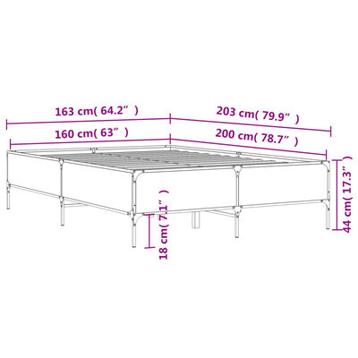 vidaXL Lovos rėmas, pilkas ąžuolo, 160x200cm, apdirbta mediena/metalas