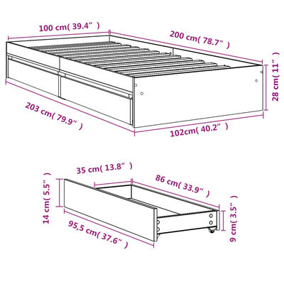 vidaXL Lovos rėmas su stalčiais, dūminio ąžuolo, 100x200cm, mediena