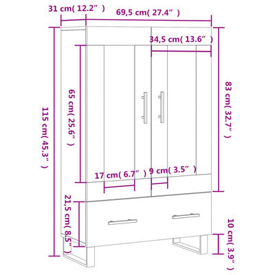 vidaXL Komoda, betono pilkos spalvos, 69,5x31x115cm, apdirbta mediena