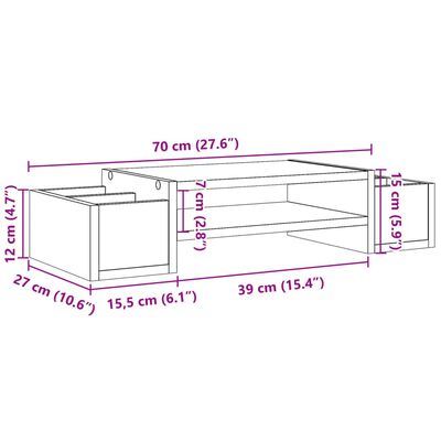 vidaXL Monitoriaus stovas su lentyna, dūminis, 70x27x15cm, mediena