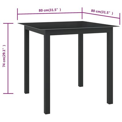 vidaXL Sodo stalas, juodas, 80x80x74cm, aliuminis ir stiklas