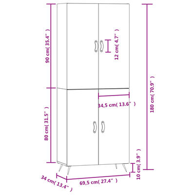 vidaXL Komoda, betono pilkos spalvos, 69,5x34x180cm, apdirbta mediena