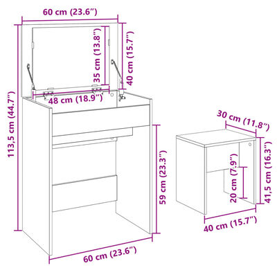 vidaXL Kosmetinis staliukas ir taburetė, betono pilki, 60x40x113,5cm