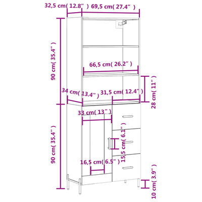 vidaXL Komoda, juodos spalvos, 69,5x34x180cm, apdirbta mediena