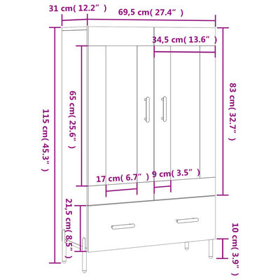 vidaXL Komoda, juodos spalvos, 69,5x31x115cm, apdirbta mediena