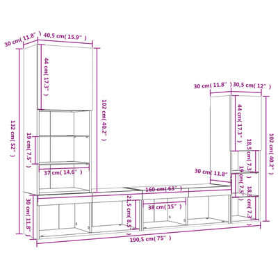 vidaXL Sieninė TV sekcija su LED, 4 dalių, ruda ąžuolo, mediena