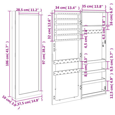 vidaXL Veidrodinė papuošalų spintelė, 37,5x10x106cm, sieninė