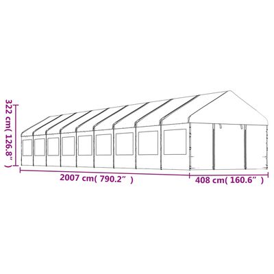 vidaXL Pavėsinė su stogu, balta, 20,07x4,08x3,22m, polietilenas