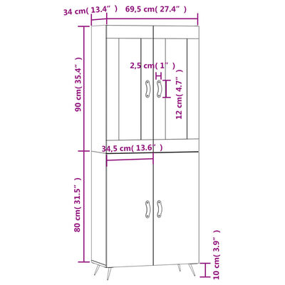 vidaXL Komoda, betono pilkos spalvos, 69,5x34x180cm, apdirbta mediena