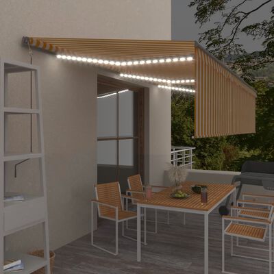 vidaXL Markizė su uždanga/LED/vėjo jutikliu, geltona/balta, 6x3m