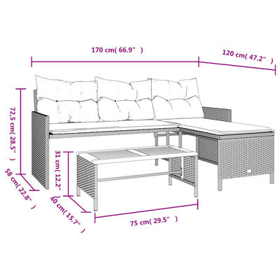 vidaXL Sodo sofa su stalu/pagalvėlėmis, smėlio, poliratanas, L formos