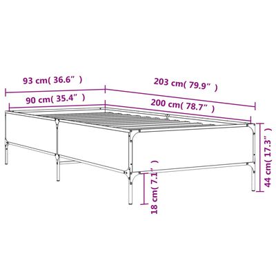 vidaXL Lovos rėmas, ąžuolo, 90x200cm, apdirbta mediena ir metalas