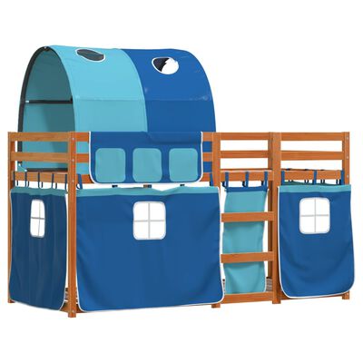 vidaXL Dviaukštė lova su užuolaidomis, mėlyna, 75x190cm, pušis