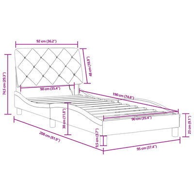 vidaXL Lovos rėmas su LED, mėlynos spalvos, 90x190cm, aksomas