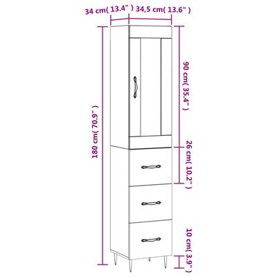 vidaXL Komoda, betono pilkos spalvos, 34,5x34x180cm, apdirbta mediena