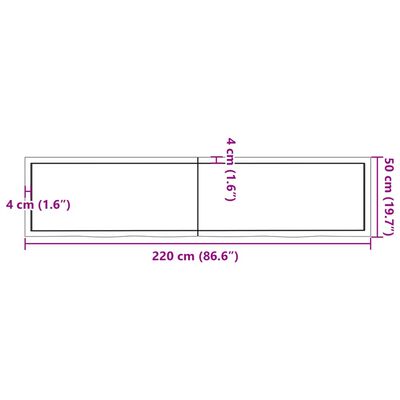 vidaXL Stalviršis, 220x50x(2–4)cm, neapdorotas ąžuolo medienos masyvas