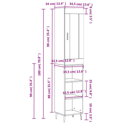 vidaXL Komoda, baltos spalvos, 34,5x34x180cm, apdirbta mediena