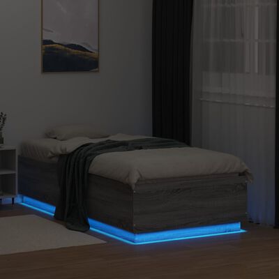 vidaXL Lovos rėmas su LED, pilkas ąžuolo, 75x190cm, apdirbta mediena