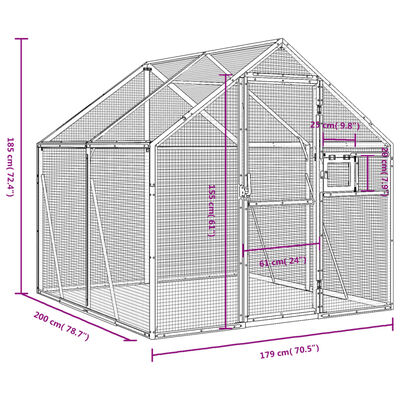 vidaXL Paukštidė, sidabrinės spalvos, 1,79x2x1,85m, aliuminis