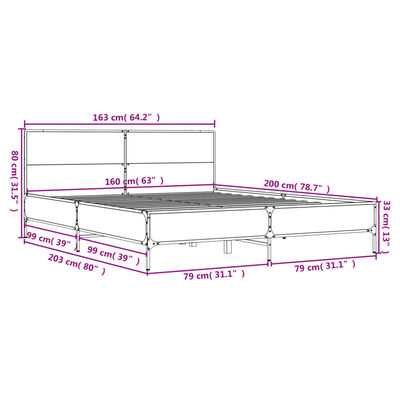 vidaXL Lovos rėmas, dūminio ąžuolo, 160x200cm, mediena ir metalas