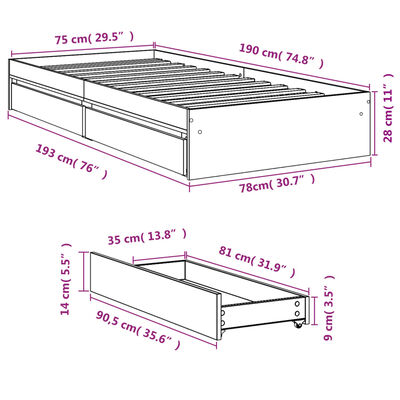 vidaXL Lovos rėmas su stalčiais, ąžuolo, 75x190cm, apdirbta mediena