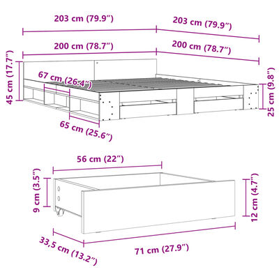 vidaXL Lovos rėmas su stalčiais, ąžuolo, 200x200cm, apdirbta mediena