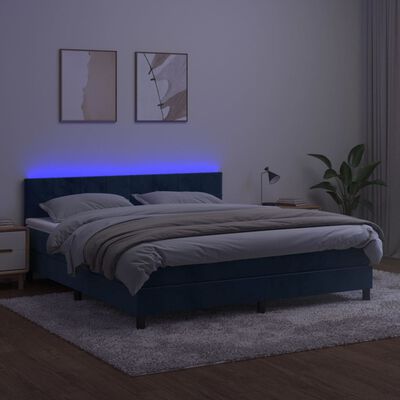 vidaXL Lova su spyruoklėmis/čiužiniu/LED, mėlyna, 180x200cm, aksomas