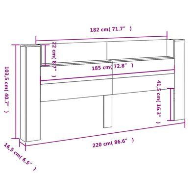 vidaXL Galvūgalis-spintelė su LED, dūminio ąžuolo, 220x16,5x103,5cm