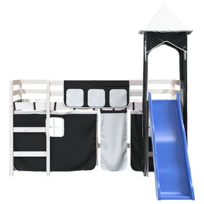 vidaXL Aukšta vaikiška lova su bokštu, balta/juoda, 90x190cm, pušis