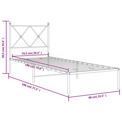 vidaXL Metalinis lovos rėmas su galvūgaliu, juodos spalvos, 75x190cm