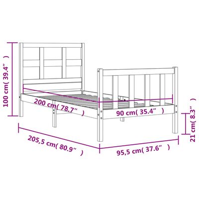 vidaXL Lovos rėmas su galvūgaliu, juodas, 90x200cm, medienos masyvas