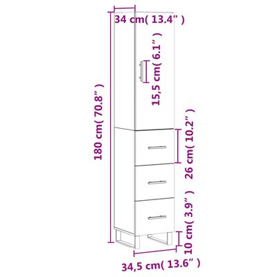 vidaXL Komoda, betono pilkos spalvos, 34,5x34x180cm, apdirbta mediena