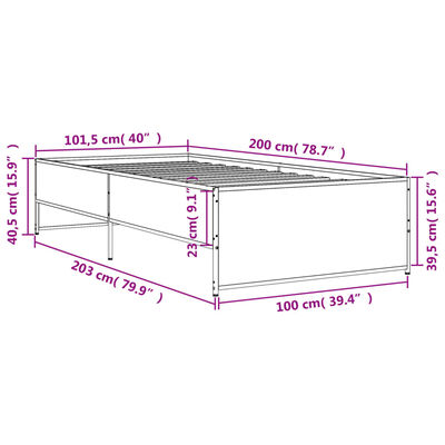 vidaXL Lovos rėmas, pilkas ąžuolo, 100x200cm, apdirbta mediena/metalas