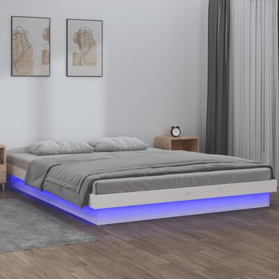 vidaXL Lovos rėmas su LED, baltos spalvos, 200x200cm, medienos masyvas