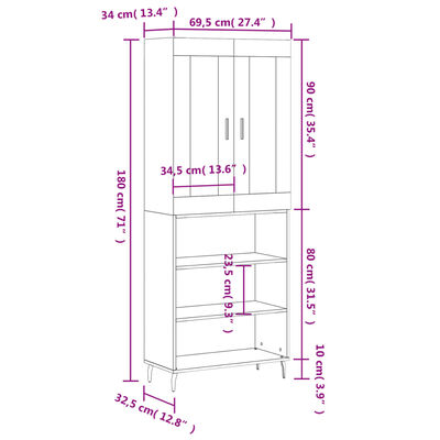 vidaXL Komoda, baltos spalvos, 69,5x34x180cm, apdirbta mediena