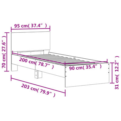 vidaXL Lovos rėmas su galvūgaliu ir LED lemputėmis, pilkas, 90x200cm