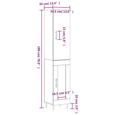 vidaXL Komoda, baltos spalvos, 34,5x34x180cm, apdirbta mediena, blizgi