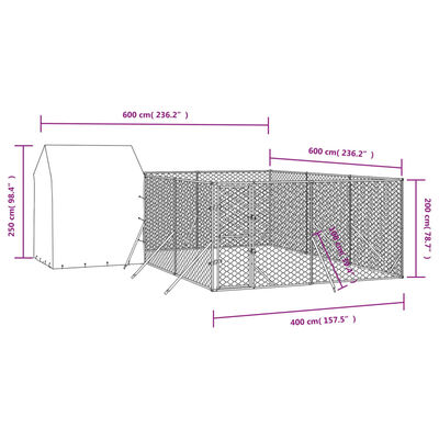 vidaXL Lauko voljeras šunims su stogu, sidabrinis, 6x6x2,5m, plienas