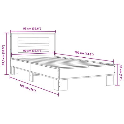 vidaXL Lovos rėmas, dūminio ąžuolo, 90x190cm, mediena ir metalas