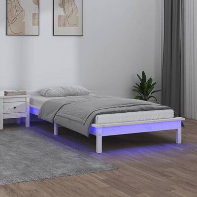 vidaXL Lovos rėmas su LED, baltos spalvos, 100x200cm, medienos masyvas