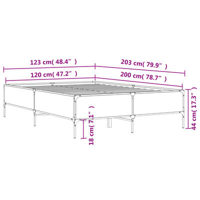 vidaXL Lovos rėmas, pilkas ąžuolo, 120x200cm, apdirbta mediena/metalas