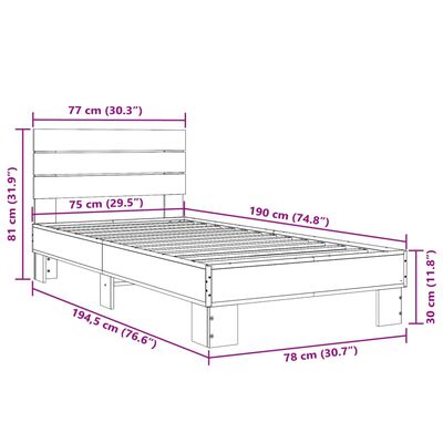 vidaXL Lovos rėmas, rudas ąžuolo, 75x190cm, apdirbta mediena/metalas