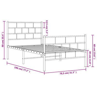 vidaXL Lovos rėmas su galvūgaliu/kojūgaliu, baltas, 75x190cm, metalas