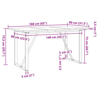 vidaXL Valgomojo stalas, 160x80x75,5cm, pušis ir ketus, O formos rėmas