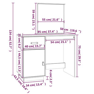 vidaXL Kosmetinis staliukas, 95x50x134cm, pušies medienos masyvas