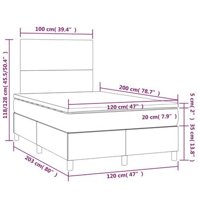 vidaXL Lova su spyruoklėmis/čiužiniu/LED, pilka, 120x200cm, audinys