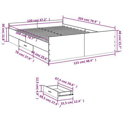 vidaXL Lovos rėmas su stalčiais, baltas, 120x200cm, apdirbta mediena