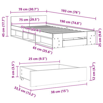 vidaXL Lovos rėmas su stalčiumi, ąžuolo, 75x190cm, apdirbta mediena