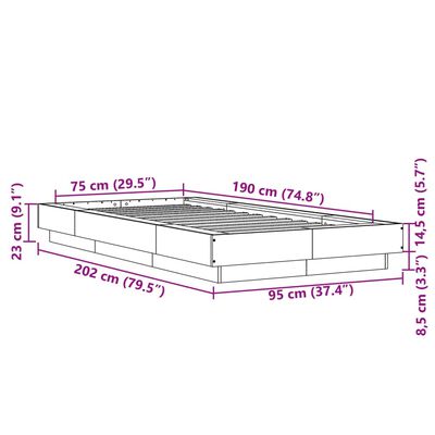 vidaXL Lovos rėmas su LED, rudas ąžuolo, 75x190cm, apdirbta mediena