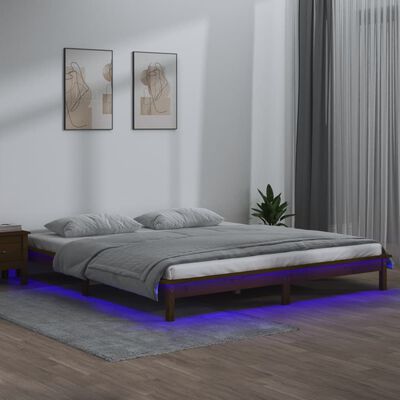 vidaXL Lovos rėmas su LED, medaus rudas, 200x200cm, medienos masyvas